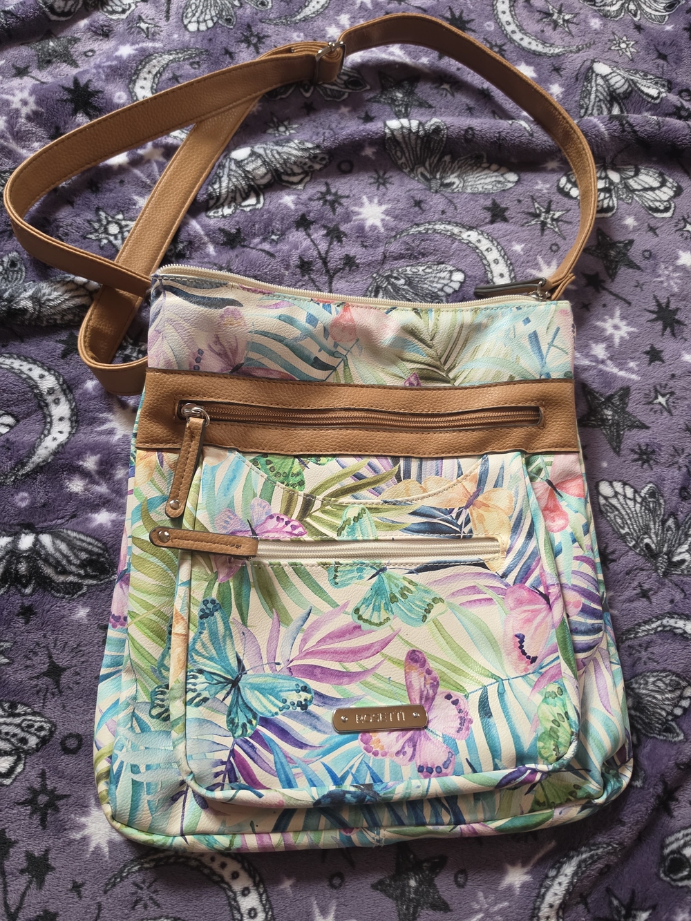 Rosetti Multicolor Butterfly Crossbody with Tan Trim